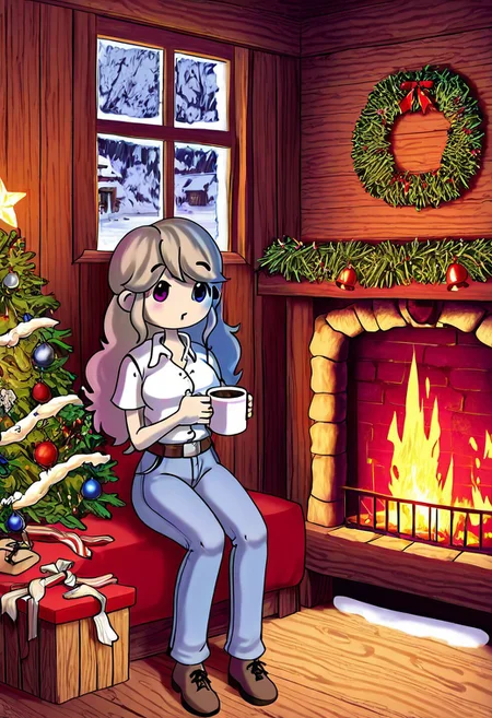 Alie, 1girl, alone, long wavy light brown hair with bangs with both strands on the sides, Heterochromia purple and blue eye, white short-sleeved button-up shirt, jeans with belt, brown shoes
Alie drinking hot chocolate. In the background, the interior of a wooden cabin with a fireplace and Christmas decorations, snow outside the window.