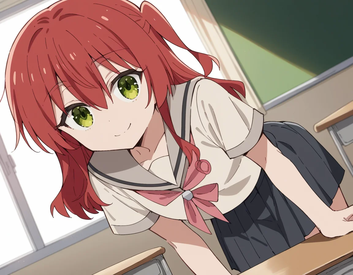 score_9, score_8_up, score_7_up, source_anime,
kitaikuyo, <lora:ikuyo-kita-s1-ponyxl-lora-nochekaiser:1>,
ikuyo kita, green eyes, hair between eyes, long hair, one side up, red hair,
black skirt, grey sailor collar, pleated skirt, sailor collar, school uniform, short sleeves, shuka high school uniform, skirt,
indoors, classroom, bent over, smile,
cowboy shot, solo, dutch angle, looking at viewer,