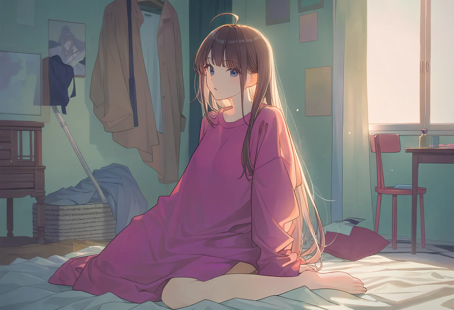 detailed, amazing quality, a girl in oversized clothes, lazily sitting on her bed, her room is intricately detailed, frame