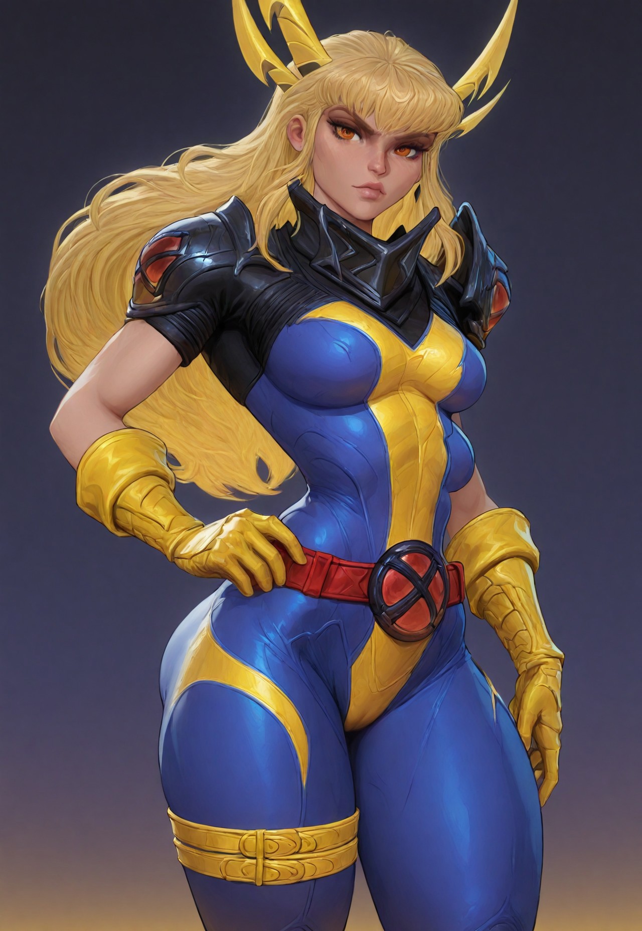 1girl, masterpiece, standing, Magik, Retro XMen Uniform, blue uniform with yellow elements, yellow headwear, blonde hair, long hair, orange eyes, black pauldron, red belt, yellow gloves, yellow boots, yellow leg belt,