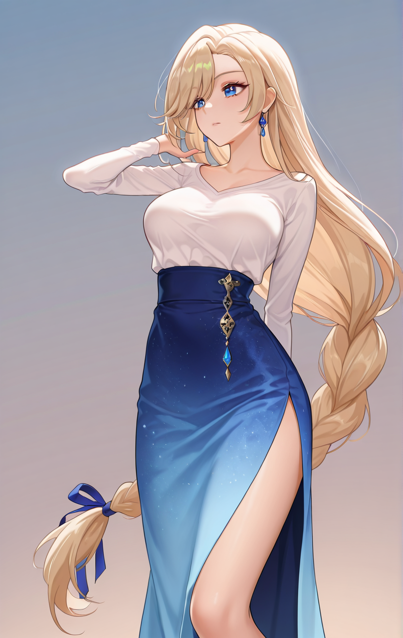 1girl, blue skirt, braid, breasts, collarbone, earrings, gradient, gradient background, hair ribbon, high-waist skirt, jewelry, long hair, long sleeves, low-tied long hair, ribbon, shirt, side slit, single braid, skirt, solo, standing, very long hair, white shirt, <lora:Pantheoneve Style-000010:1>