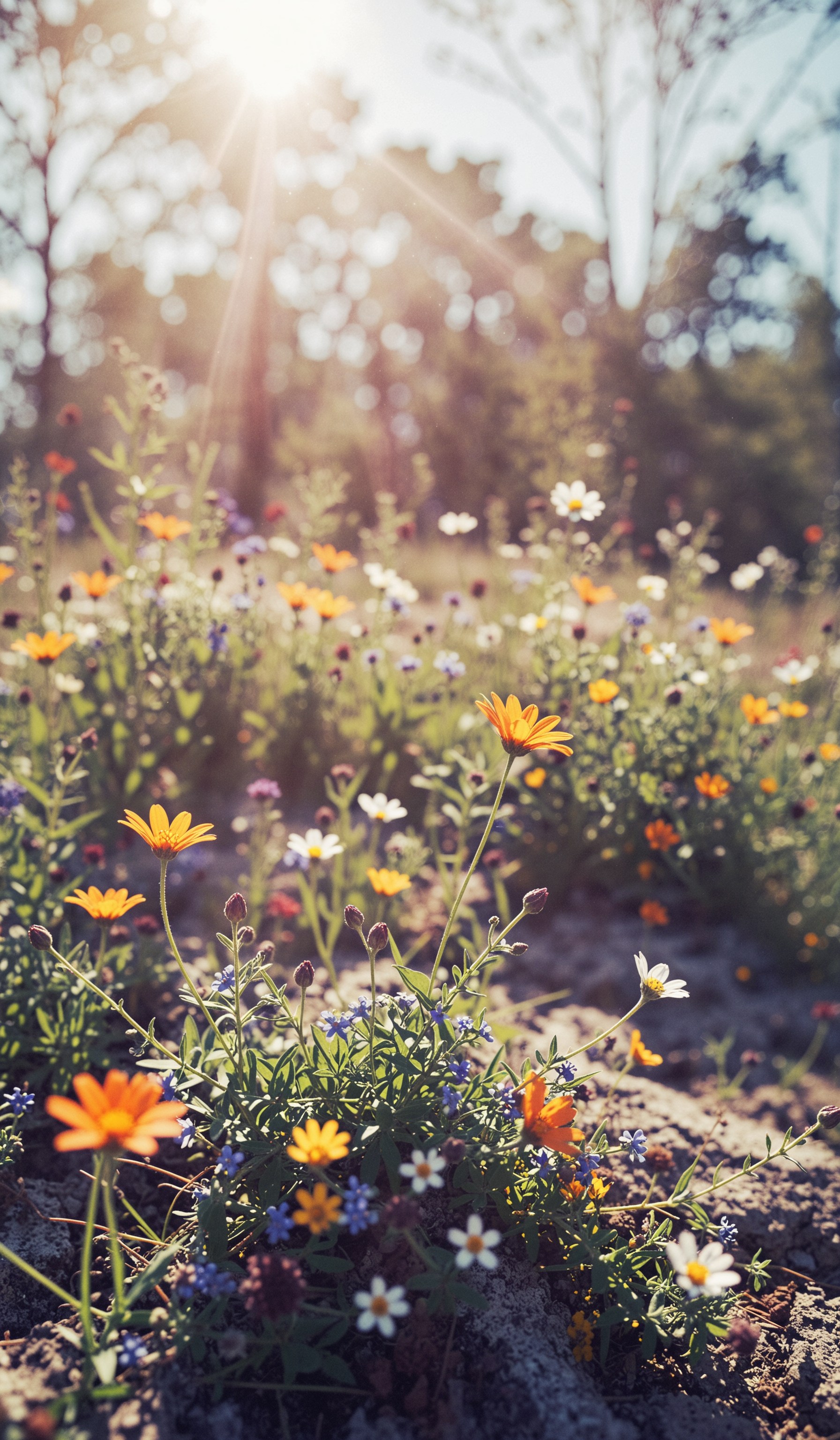 Wild flowers in a sunny spring day, macro, closeup, selective focus. Dramatic unusual scene. Beauty world. Retro filter and vintage style. Instagram toning effect, breathtaking photograph, lensflare and bokeh effects, heavy film grain, shot on kodachrome with post-processing artifacts, reflecting particle effects, slight double exposure