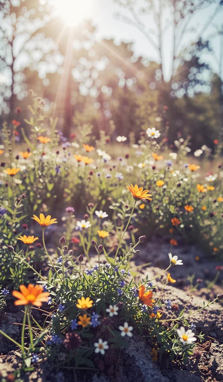 Wild flowers in a sunny spring day, macro, closeup, selective focus. Dramatic unusual scene. Beauty world. Retro filter and vintage style. Instagram toning effect, breathtaking photograph, lensflare and bokeh effects, heavy film grain, shot on kodachrome with post-processing artifacts, reflecting particle effects, slight double exposure