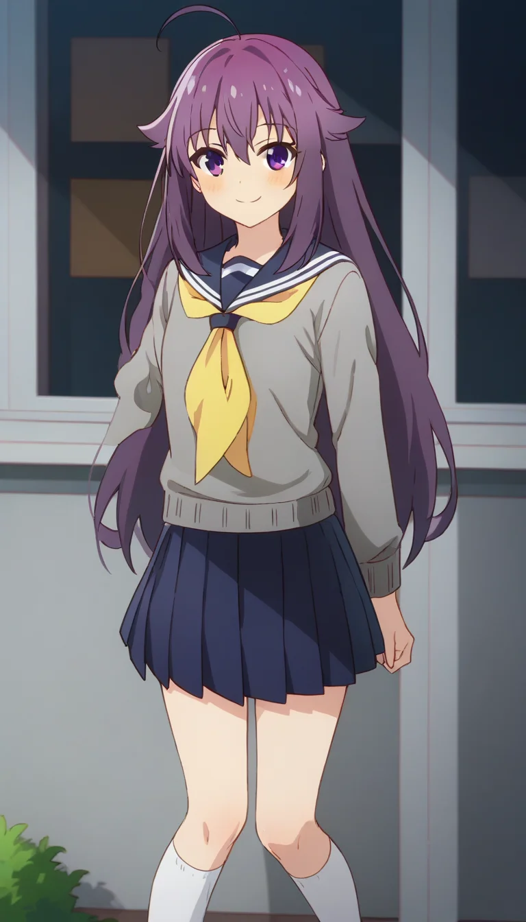 score_9,score_8_up,score_7_up,score_6_up BREAK official art,solo,outdoors,cowboy shot,looking at viewer,facing viewer,smile,blush,Koshi Anko,ahoge,very long hair,purple hair,hair flaps,sidelocks,hair between eyes,bangs,purple eyes,school uniform,blue sailor collar,yellow neckerchief,grey sweater,long sleeves,blue skirt,pleated skirt,white socks,loafers,brown footwear,<lora:Koshi Anko(snk)-Pony:1.5>,