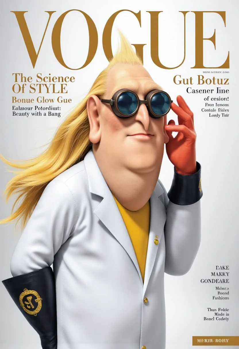 Vogue magazine cover featuring a photorealistic Dr. Nefario from Despicable Me, reimagined as a glamorous fashion icon. He has long, flowing, waist-length golden blonde hair — sleek, shiny, and styled to perfection, cascading like liquid gold. He’s wearing his iconic lab coat and goggles, posing confidently with one hand on his hip and the other brushing through his radiant hair. Wind gently blows his hair back for dramatic effect. He wears subtle, elegant makeup and strikes a poised, empowered expression. The Vogue masthead is prominently placed at the top. Minimalistic high-fashion studio background, soft gradient lighting, elegant typography with cover lines like 'The Science of Style', 'Glamour Gone Genius', and 'Nefario: Beauty with a Bang'. Ultra-detailed, photorealistic fashion photography style, high gloss magazine look
