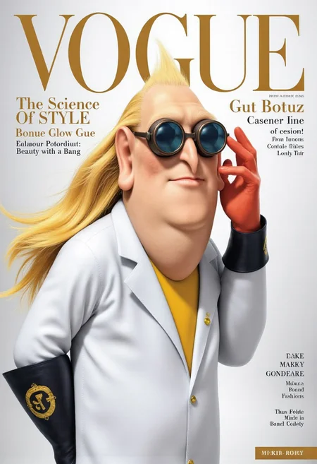 Vogue magazine cover featuring a photorealistic Dr. Nefario from Despicable Me, reimagined as a glamorous fashion icon. He has long, flowing, waist-length golden blonde hair — sleek, shiny, and styled to perfection, cascading like liquid gold. He’s wearing his iconic lab coat and goggles, posing confidently with one hand on his hip and the other brushing through his radiant hair. Wind gently blows his hair back for dramatic effect. He wears subtle, elegant makeup and strikes a poised, empowered expression. The Vogue masthead is prominently placed at the top. Minimalistic high-fashion studio background, soft gradient lighting, elegant typography with cover lines like 'The Science of Style', 'Glamour Gone Genius', and 'Nefario: Beauty with a Bang'. Ultra-detailed, photorealistic fashion photography style, high gloss magazine look
