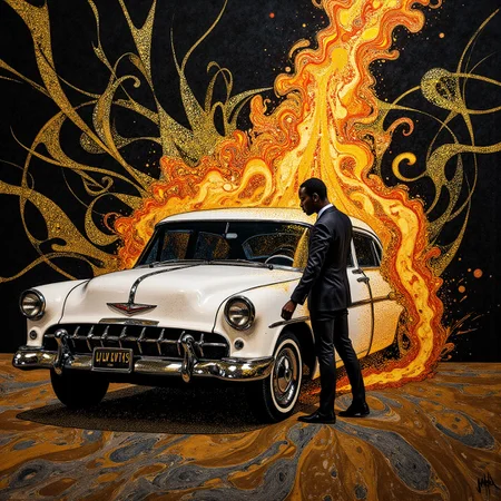 electricity-themed (Kenyan:0.5) themed portrait artwork depicting screwed up white-toned vehicle examining an elaborate futuristic bonfire with intricate black and fall colour palette Voronoi details. impossible, billowing dark glitter, very elaborate. The overall feel of the image is painterly. Additionally the image incorporates elements of mixed media including flowing lines drawn with fine pens and appliqued silverleaf. The general effect is of timeless fine art elegance. <lora:midjourney_whisper_chromaplex_v1:0.3> <lora:Paper_Marbling_Flux:0.5> <lora:BookOfKells-Rapid:0.3> <lora:GoldLeafStyleFLUX:0.5> <lora:Hand v2:1>