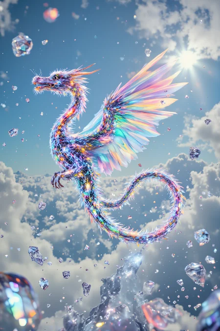 A dragon made entirely of transparent crystal soars through a sky of floating mirrors. Its body is perfectly clear but catches sunlight in complex patterns that create rainbow projections. Each scale is individually visible, cut like a perfect gem that refracts light in different directions. The mirrors around it reflect infinite versions of the scene, while crystal shards float in geometric patterns in its wake. Small prisms orbit around its form like a protective constellation.dramatic lighting , detailed background Fantastic lighting. Detailed shadows.intricate details, vivid colors, hyper-detailed, ultra-sharp, High resolution, high detail. Highly detailed. <lora:OBæç«å¾äººåæå½±Instant camera portrait photography V2.0:1.0>, <lora:Dark side of light:0.55>, <lora:aidmaFLUXPro1.1-FLUX-v0.3:1.0>, <lora:Glitchcore_Flux:0.8>,