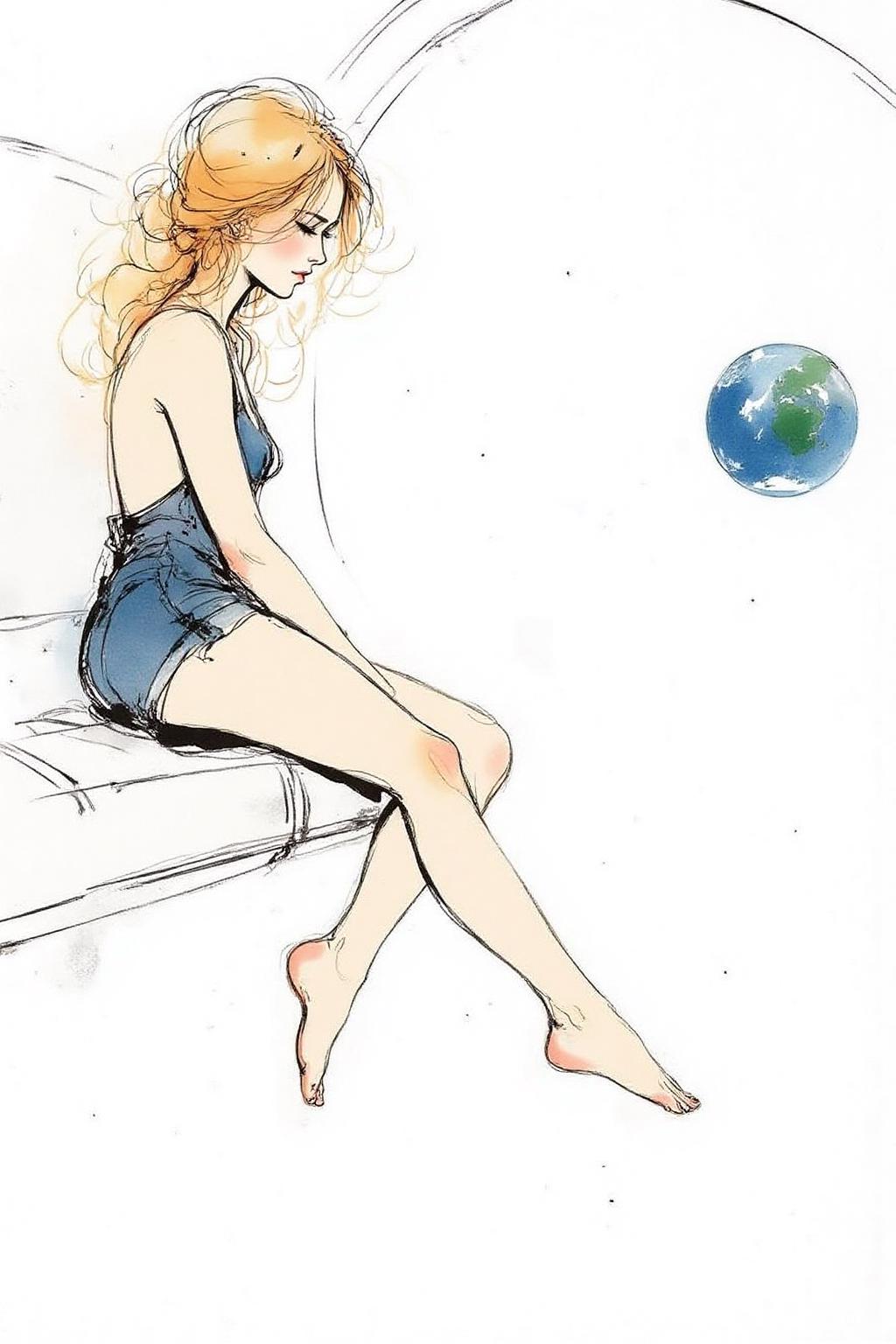 nijiwc1 watercolor ink wash brush style illustration. 
Pprofile view of a blonde, floating weightless, space station. She is wearing short shorts and barefoot, and looking outside towards earth. She is melancholic, and is thinking of her family back on earth.
The background is stark white <lora:inkwash_niji_nocap_d6a3:1.0><lora:806956907035291032:0>