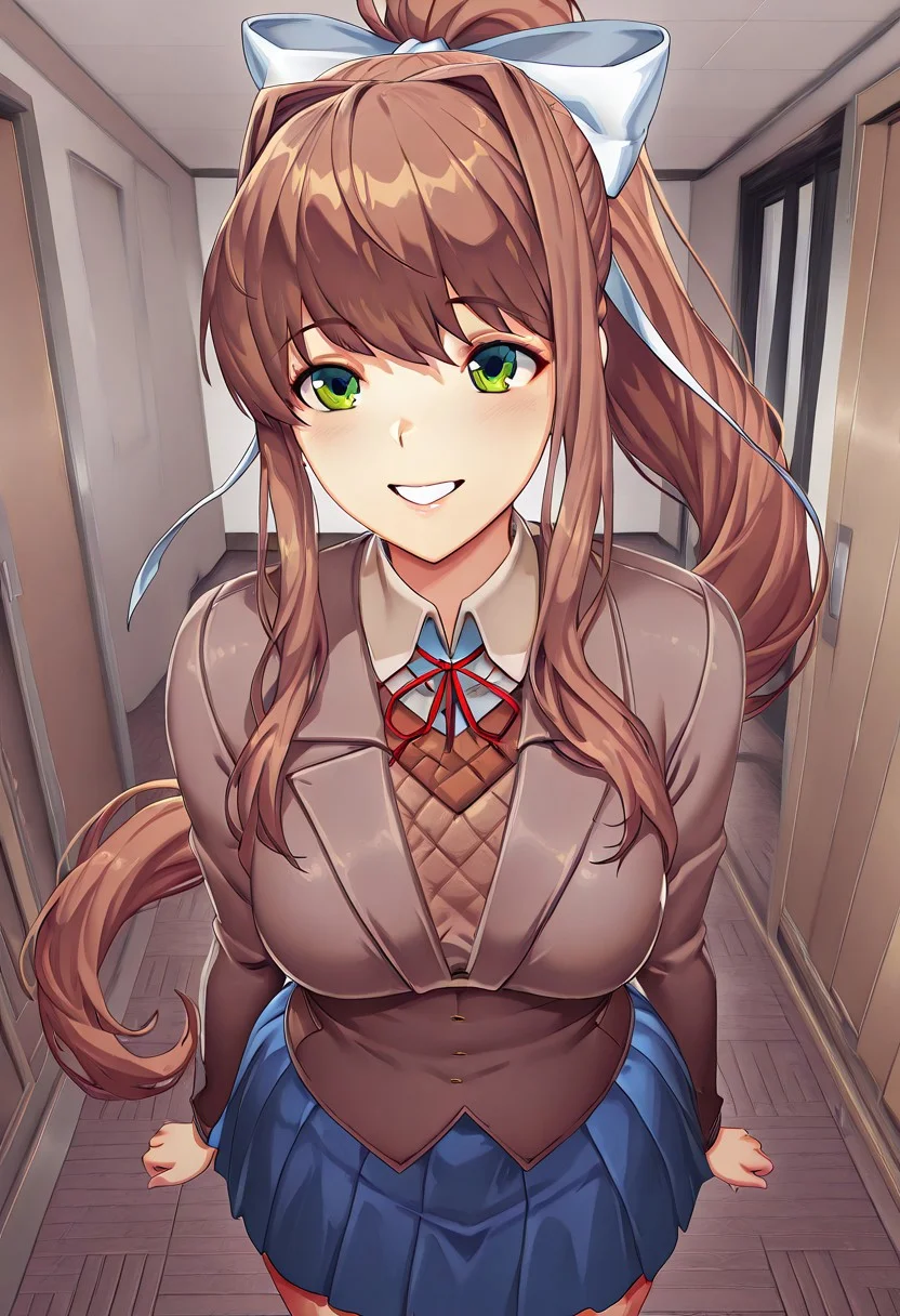 masterpiece, hires, 1girl, DDLCStyle, monika, long hair, brown hair, ponytail, green eyes, ribbon, white ribbon, bow, hair ribbon, hair bow, very long hair, blazer, brown sweater, collared shirt, neck ribbon, blue skirt, posing, happy, mouth open, indoors