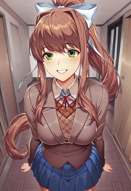 masterpiece, hires, 1girl, DDLCStyle, monika, long hair, brown hair, ponytail, green eyes, ribbon, white ribbon, bow, hair ribbon, hair bow, very long hair, blazer, brown sweater, collared shirt, neck ribbon, blue skirt, posing, happy, mouth open, indoors