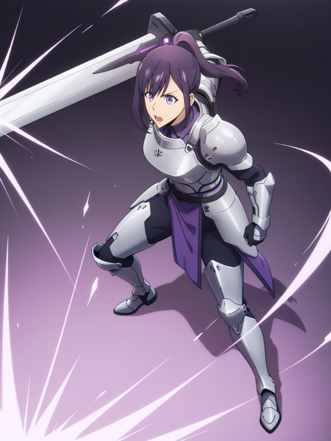 <lora:Sung_JinahIL:1> s_j, 1girl, purple hair, ponytail hair, purple eyes,
gigantic sword, steel armor,glowing liens, action, full body, glowing background
