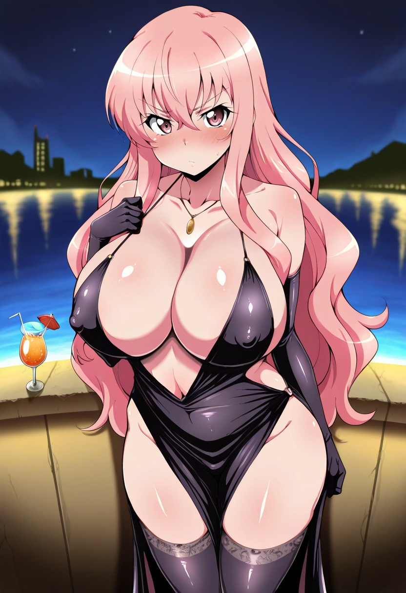 1girl, solo, standing, looking at viewer, blush, louise francoise le blanc de la valliere, pink hair, huge breasts, cocktail dress, revealing clothes, cleavage, collarbone, necklace, elbow gloves, thighhighs, covered nipples, outdoors, night, masterpiece, best quality, 
 <lora:Berull_Style:1> B3ro11,