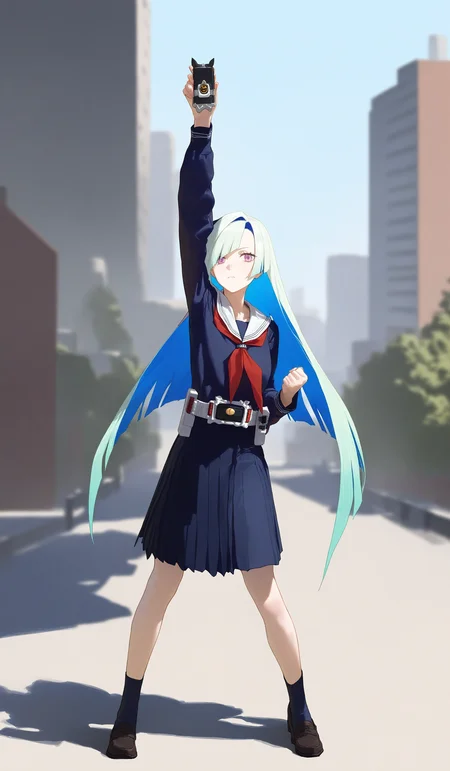 newest, very aesthetic, 1girl, solo, full body, standing, legs apart, brynhildr \(fate\), fate/grand order, swept bangs, serafuku, long sleeves, holding faiz phone, faiz belt, arms up, arm above head, clenched hand, henshin, blue sky, street, blurry background, rouad, building, artist:tianliang duohe fangdongye, (artist:modare:1.1), artist:ask \(askzy\), <lora:faiz-ilu01:0.7>