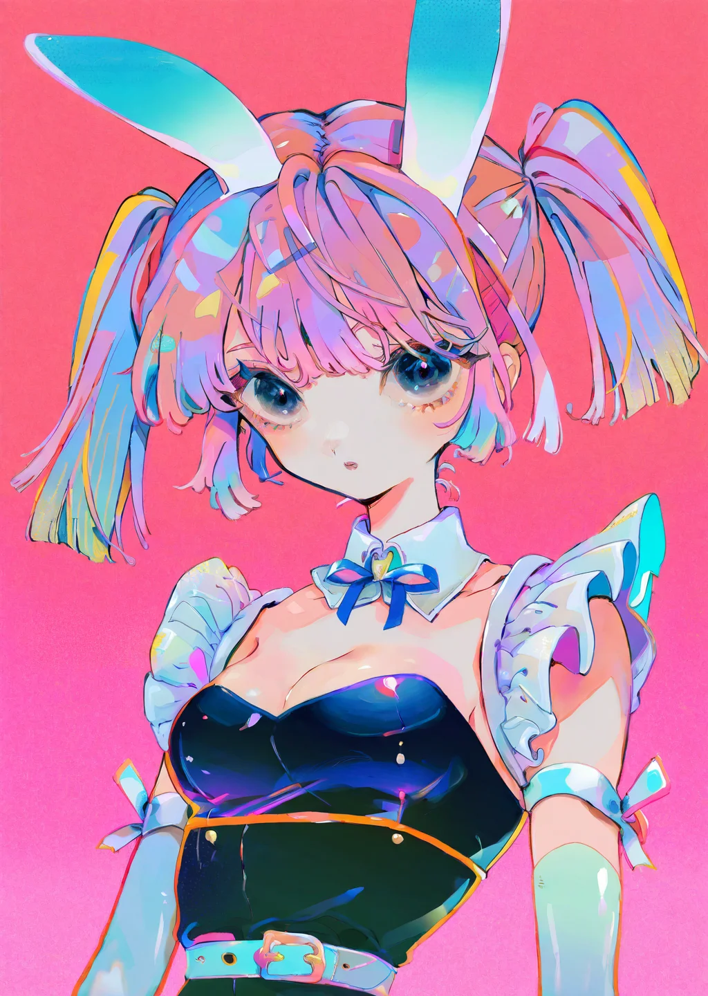 by sannso  by yogisya,
1girl, bunny ears, bangs, cleavage, upper body pink perspective from below, maid anime cute gradient
masterpiece, best quality, high quality, highres, absurdres, very detailed, high resolution, sharp, sharp image, 8k, vivid, colorful, stunning, anime,   aesthetic