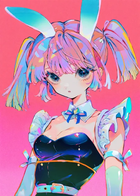 by sannso by yogisya,
1girl, bunny ears, bangs, cleavage, upper body pink perspective from below, maid anime cute gradient
masterpiece, best quality, high quality, highres, absurdres, very detailed, high resolution, sharp, sharp image, 8k, vivid, colorful, stunning, anime, aesthetic
