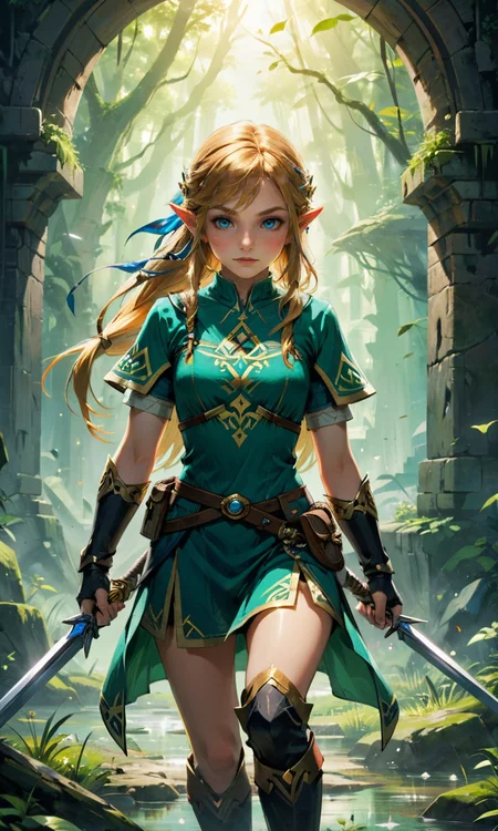 4n1v3rs3, zPDXL2, by Carlo Bocchio and Marc Simonetti, (high speed, Avant-garde but extremely beautiful:1.4), (intricate details, masterpiece, best quality:1.4), Legend of Zelda style art, Vibrant, fantasy, detailed, epic, heroic, reminiscent of The Legend of Zelda series, looking at viewer, dynamic pose <lora:add-detail-xl:1> <lora:xl_more_art-full_v1:0.5> in the style of nicola samori, <lora:add-detail-xl:2>