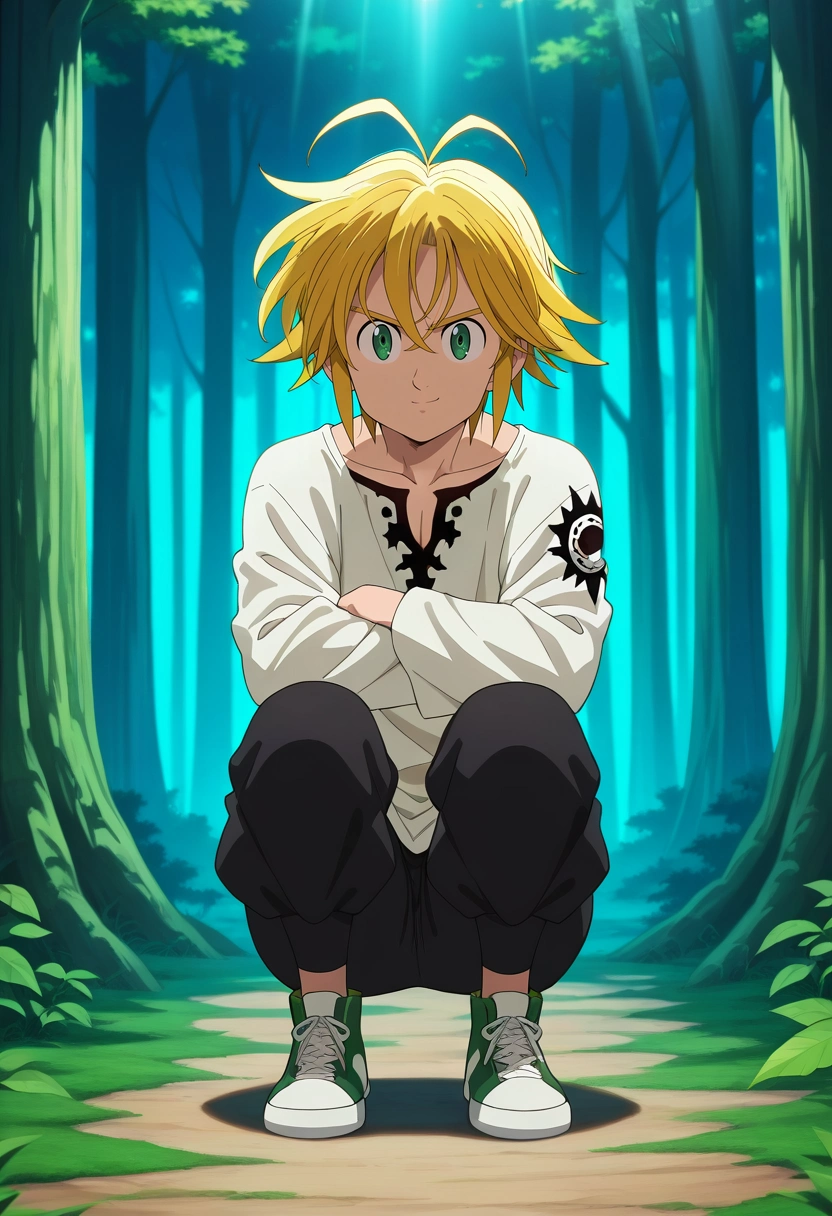 masterpiece, best quality, intricate details, anime screencap, anime coloring, official style, looking at viewer, 1boy, solo, male focus, <lora:meliodas_nanatsu_no_taizai_ilxl:1>, meliodas_nanatsu_no_taizai, blonde hair, green eyes, short hair, antenna hair, hair between eyes, forest sanctuary, tree temples, leaf paths, wooden shrines, peaceful pose, serene expression, filtered light, Pleated corduroy pants, Graphic long-sleeve shirt, Canvas sneakers, ,
