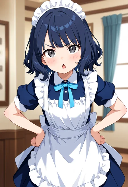 masterpiece, best quality, absurdres, very aesthetic,
1girl, waitress, blue hair, solo, maid, maid headdress, short hair, open mouth, blue eyes, hand on hip, looking at viewer, maid apron, enmaided, blue dress, black eyes, eyelashes, frills, grey eyes, blurry background, puffy short sleeves, chestnut mouth, eyebrows visible through hair, triangle mouth, standing, bangs, blue neckwear, anime coloring, cowboy shot, indoors, blue bow, white apron, shiny hair, v-shaped eyebrows, wavy hair, blush, depth of field, frilled apron, blue ribbon, neck ribbon, clenched hand, :<, :o, curtains, blue skirt, angry, pleated skirt, hands on own hips, hand on own hip, pillar, blue bowtie, black hair