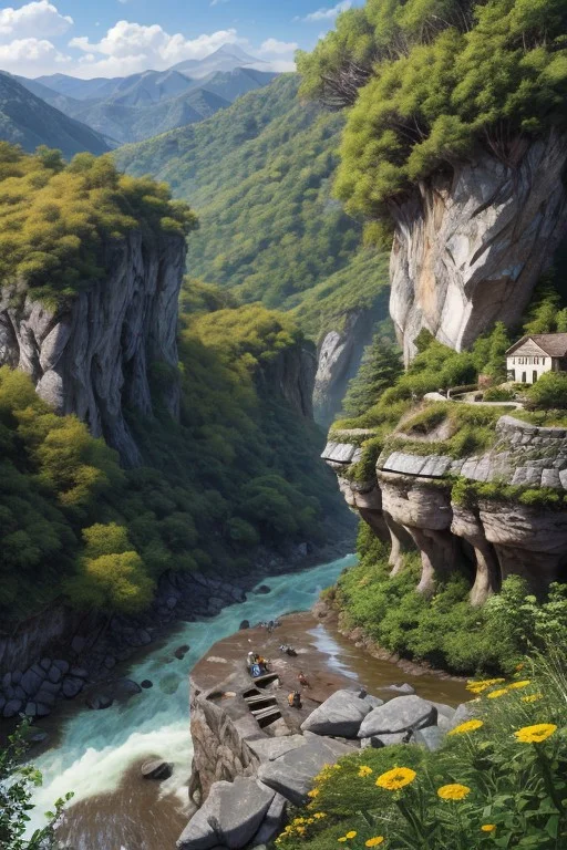 masterpiece, 8k, UHD, best quality, high res, amazing quality,
Mysterious stone structures descend down the slope into a valley where a noisy river flows through a rocky hollow surrounded by low trees. Small multi-colored flowers grow in abundance along the slope, vines twine around the stone structures. Clear blue overhead.
awesome background,
high detailed, intricate,
linquivera, liiv1