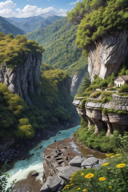 masterpiece, 8k, UHD, best quality, high res, amazing quality, 
Mysterious stone structures descend down the slope into a valley where a noisy river flows through a rocky hollow surrounded by low trees. Small multi-colored flowers grow in abundance along the slope, vines twine around the stone structures. Clear blue overhead.
awesome background, 
high detailed, intricate,
linquivera, liiv1