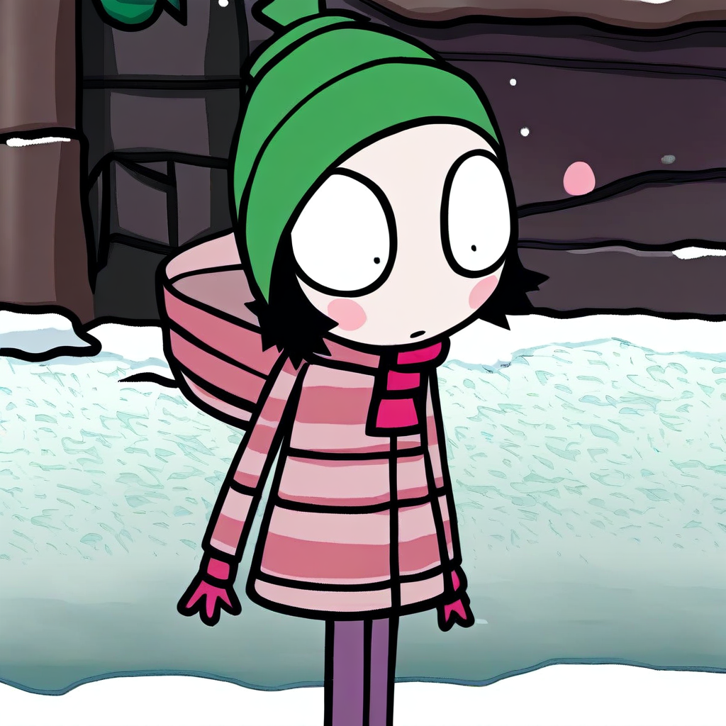 score_9, solo, sarah_ad, 1girl, beanie, black hair, short hair, blush stickers, coat, hood, pants, snow, outdoors