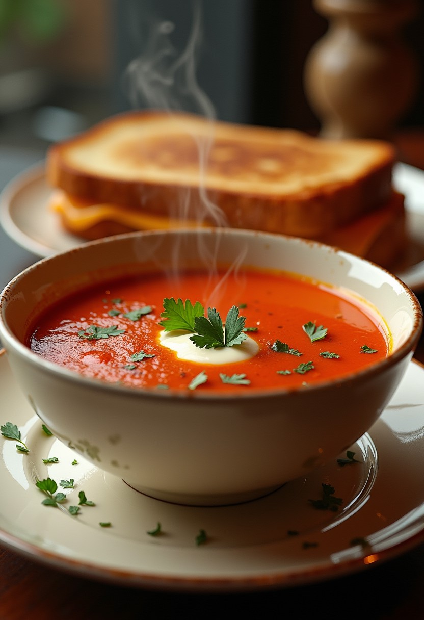 FIRST - A fancy soup plate of tomato soup, perfect red colored soup, sprinkled chopped parsley on top, a slight drizzle of cream in the middle, a bit of steam coming out,
SECOND - a perfectly toasted grilled cheese sandwitch, sliced diagonally, stacked, beautiful melted orange cheese coming out, relaxing atmosphere,
Photorealistic, Highly detailed, masterpiece, 4k, high resulution, great lighting, depth of field,