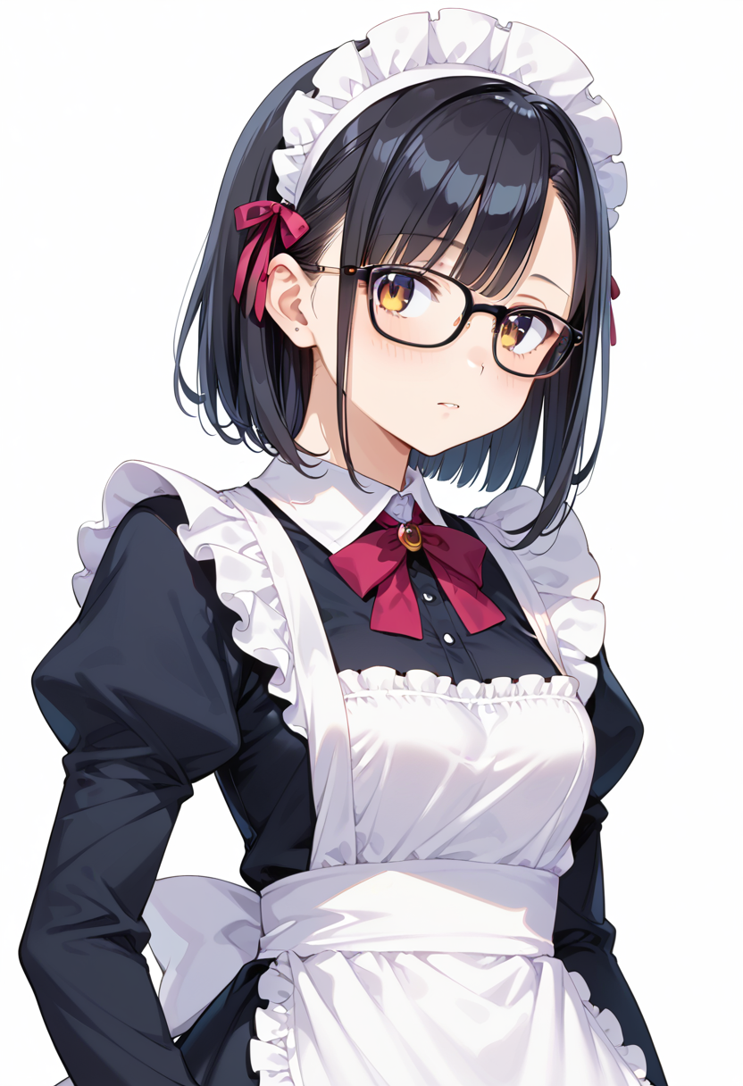 score_9, score_8_up, score_7_up, rating_safe, masterpiece, best quality, absurdres, unity 8k wallpaper, official art, official style, source_anime, uncensored, game cg, megami magazine,
1girl, solo, black hair, medium hair, upper body, covered eyes,maid, maid headdress, black dress, maid apron, face focus,
Wellington24S, glasses, white background, simple background, black-framed eyewear
 <lora:glasses_Wellington24S_PONY_V1:1>