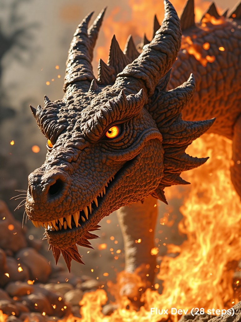 Dynamic cinematic closeup of an ancient dragon, its face emerging from a swirling maelstrom of fire and smoke. Its glowing eyes pierce through the haze, burning with molten light, while its scales, etched with the scars of battle, reflect the dancing flames below. Sparks fly like shooting stars, spinning in the wind, as the dragon’s mighty horns catch the flickering firelight, casting long shadows across its face. Flames erupt from the corners of its mouth, and the air shimmers with heat, creating a mesmerizing distortion effect. The wind sweeps through, causing the flames to bend and twist, adding a sense of wild, untamed motion to the scene. The dragon’s ancient, terrifying presence is amplified by the dynamic environment, as though the world itself bends to its will.

