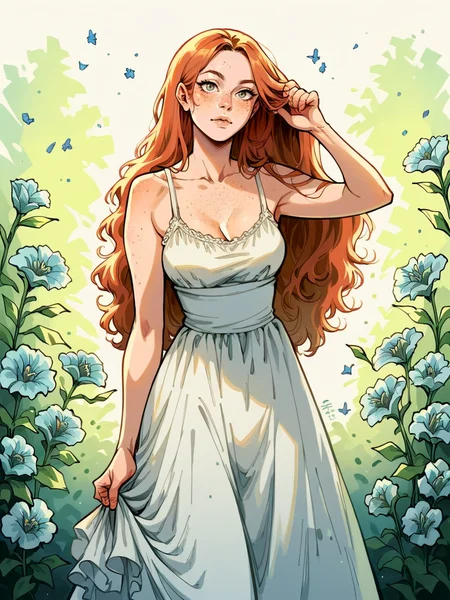 <lora:sk3tchw4t3rXLP2:0.7> sk3tchw4t3r, 1girl, long hair, sundress, flowers, Fr3ckles,1girl, freckles, grey eyes, score_9. score_8_up, score_7_up, score_6_up, score_5_up, score_4_up, <lora:Fr3ckledXLP:0.5>