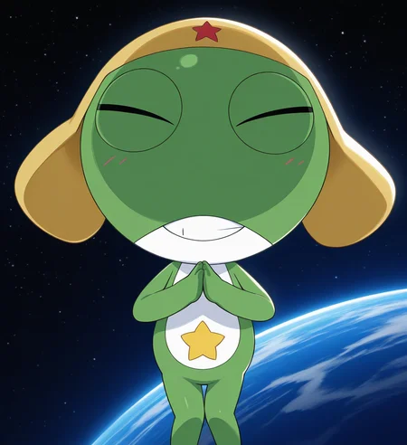 high resolution, best quality, 4k, solo, backlighting, scheming face, toothy grin, male, front view, rubbing hands together, outer space, planet background, <lora:Keroro_-_Keroro_Gunsou_-_IL:1> keroro, chibi, semi-anthro, green skin, two tone body, floppy cap, yellow star symbol on belly