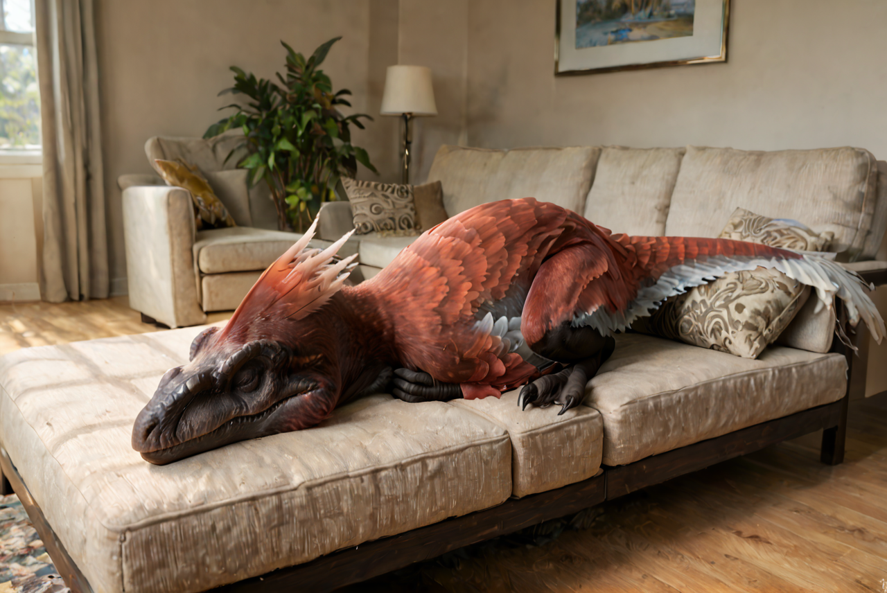 source_furry, score_9, score_8_up, score_7_up, (pyroraptor_jwe, dinosaur, feral), scalie, feathers, detailed feathers, red feathers, white feathers, multicolored feathers, feathered arms, closed eyes, claws, digitigrade legs, tail, <lora:JWE_PyroraptorPony:0.8>, indoors, living room, on couch, lying on stomach, head down, sleeping, zPDXL2, zPDXLpg, zPDXLrl, best quality, highly detailed, extreme details, masterpiece, photorealistic, hyperrealistic, ultra realistic, hdr, 4k, uhd, ray tracing, shaded