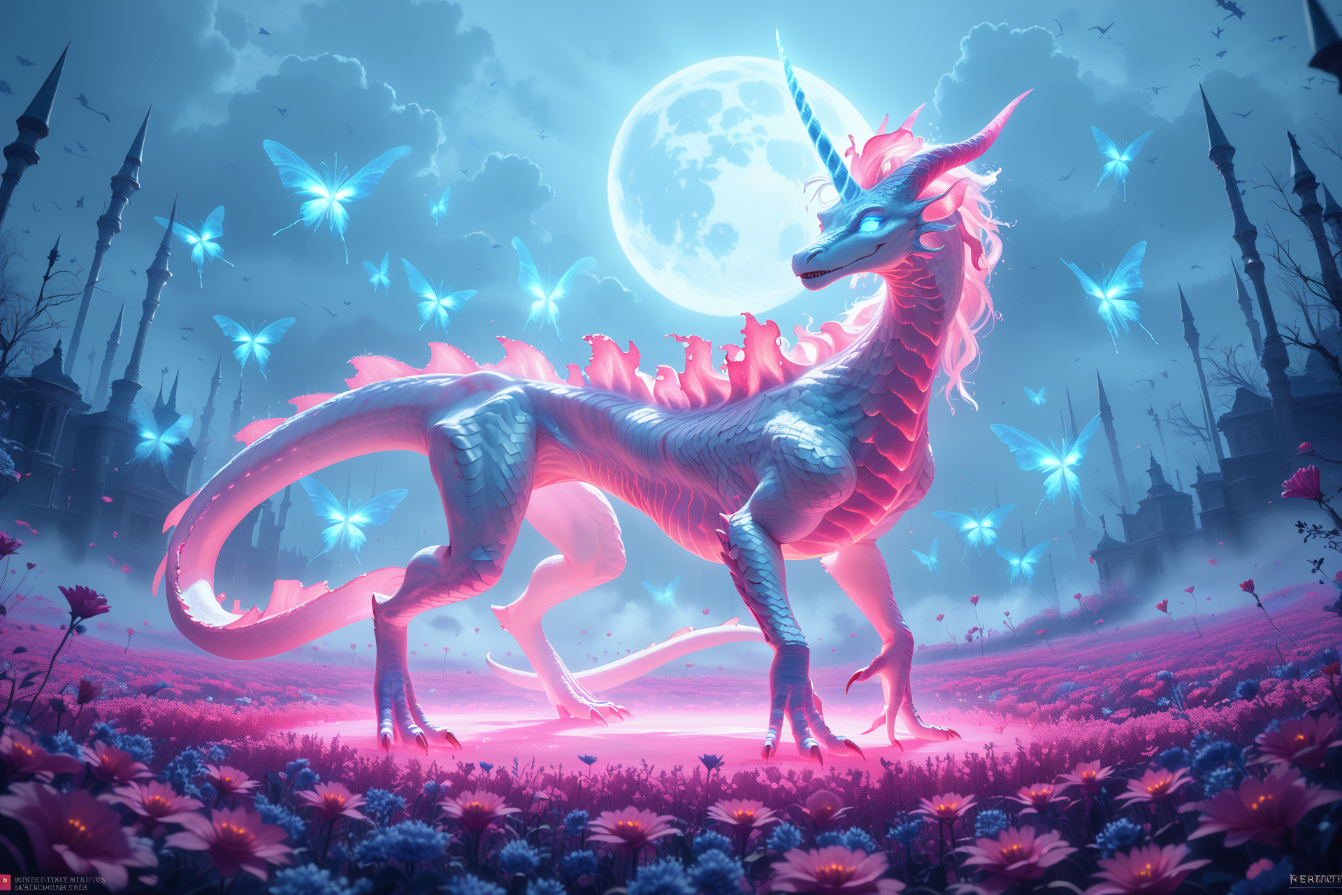 score_9, score_8_up, score_7_up (best quality, masterpiece, beautiful and aesthetic:1.2) glowing glass unicorn sits in a field of glowing blue-red frozen flowers, ominous darkness, moon, a lot of fog, haze, a lot of blue-red fireflies, silver scales shimmering in the moonlight , glowing eyes, white glowing mane <lora:CTDRM:0.7> ctdrm, dreamy, soft lighting, fantasy style, surreal lighting, sinister, mystical, archaic, very colorful, high resolution, many details, The image is a hyper-realistic CGI rendering of a hauntingly realistic