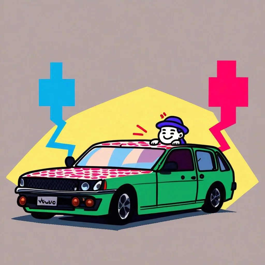 A car, with geometric patterns, in colors, bright and vivid,voronoi, voxels, voxelized, lowpoly, low-poly, low-poli