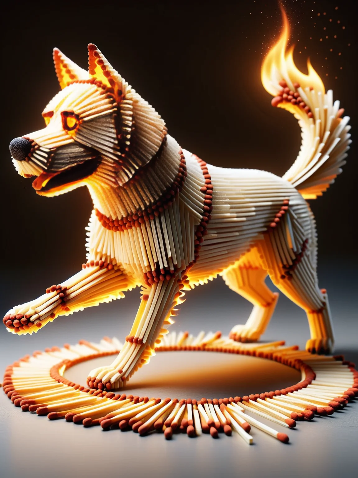 An ais-matches dog chasing its own ais-matches tail, the flames playfully flickering as it spins in circles <lora:Matches_Style_SDXL:1>