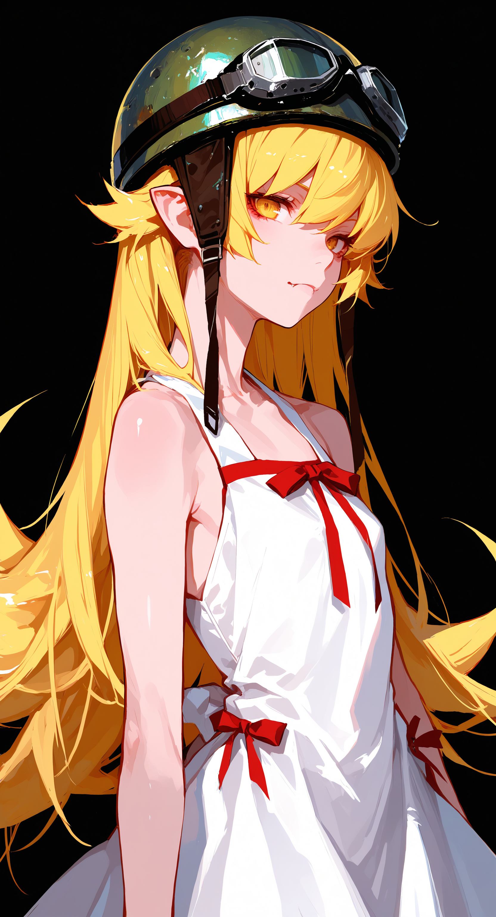masterpiece, best quality, good quality, very awa, very aesthetic, absurdres, newest,  oshino shinobu, monogatari 1girl, bare shoulders, black background, blonde hair, dress, goggles, helmet, long hair, looking at viewer, pointy ears, simple background, solo, strap, vampire, very long hair, white dress, yellow eyes, <lora:spo_sdxl_10ep_4k-data_lora_webui:0.8> <lora:ponyv6_noobV1_2_adamW-000017:0.7> <lora:USNR_STYLE_XL_lokr:0.45> <lora:748cmSDXL:0.6>