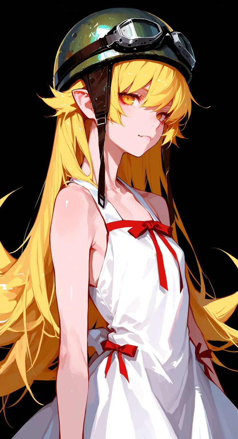masterpiece, best quality, good quality, very awa, very aesthetic, absurdres, newest, oshino shinobu, monogatari 1girl, bare shoulders, black background, blonde hair, dress, goggles, helmet, long hair, looking at viewer, pointy ears, simple background, solo, strap, vampire, very long hair, white dress, yellow eyes, <lora:spo_sdxl_10ep_4k-data_lora_webui:0.8> <lora:ponyv6_noobV1_2_adamW-000017:0.7> <lora:USNR_STYLE_XL_lokr:0.45> <lora:748cmSDXL:0.6>