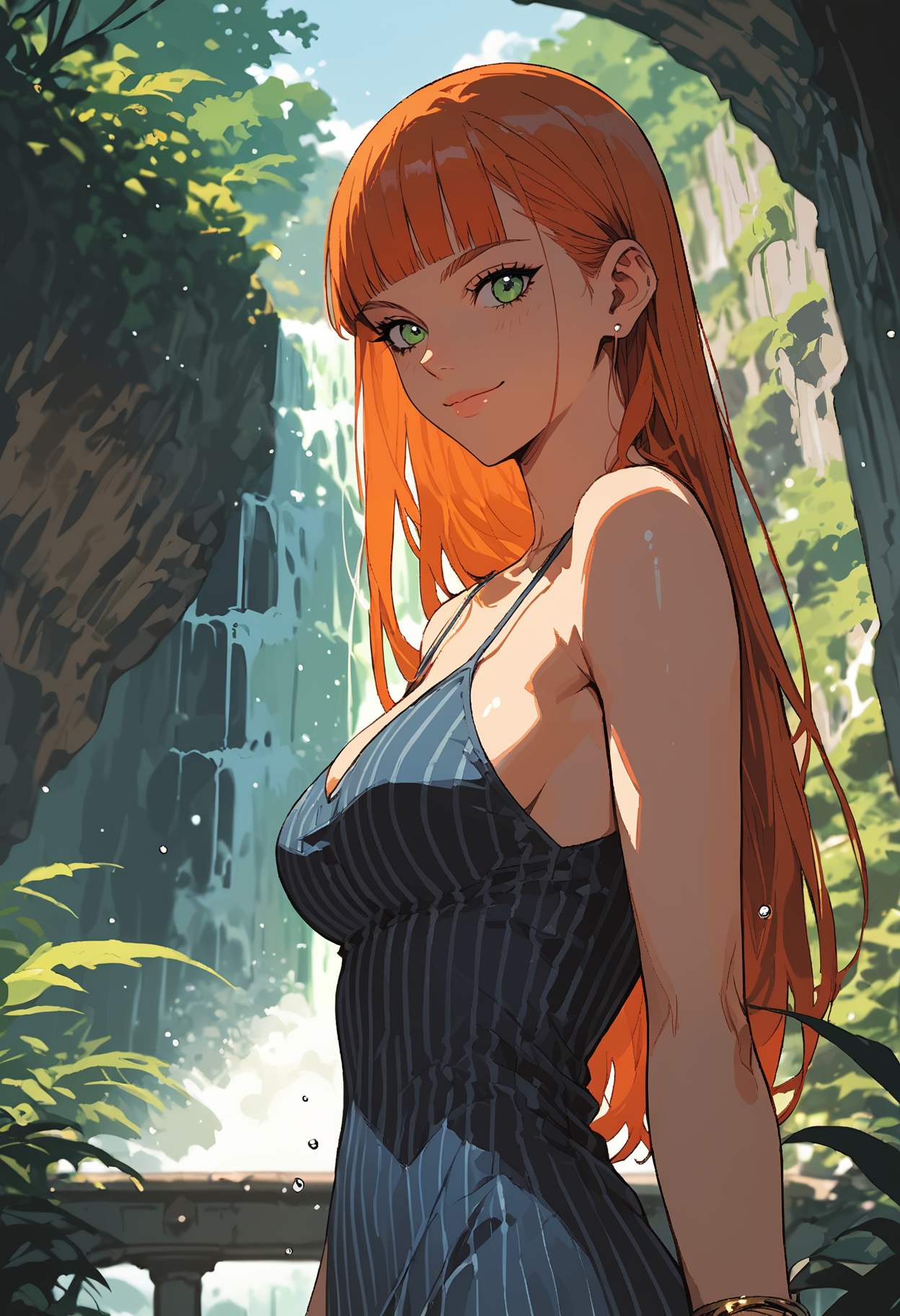score_9, score_8_up, score_7_up,source_anime,1girl,solo,ginger hair,long hair,straight hair,blunt bangs,green eyes,perfecteyes,eyebrows,hair behind ear,busty,perky breasts,tank dress,striped dress,spaghetti straps,bare shoulders,sleeveless,bracelet,waterfall,vegetation,bridge,standing on bridge,waterfall behind her,water droplets,looking at viewer,facing viewer,leaning back,sinozick,flat colors,closed mouth,smile