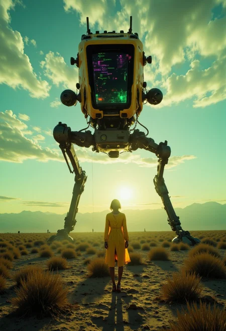 artilands02, ethdysty, A cinematic wide shot captures a vast desert landscape at sunset. Colossal beehive towers extend into space, their surfaces flickering with matrix-like code cascades and cyberpunk glitch effects. A large Yellow StarWars at-st walker Stands in the foreground, filling half the frame. Closeup infront the scenery. Reality tears apart around them in shards of neon purple and acid green, creating digital artifacts and corruption zones. The atmospheric barrier where they pierce the sky fragments into crystalline digital shards. The desert ground beneath shows scanline distortions and polygon breaks, while quantum visual noise fills the air. The structures themselves phase between physical and digital states, their patterns decomposing into raw data. neon-mist