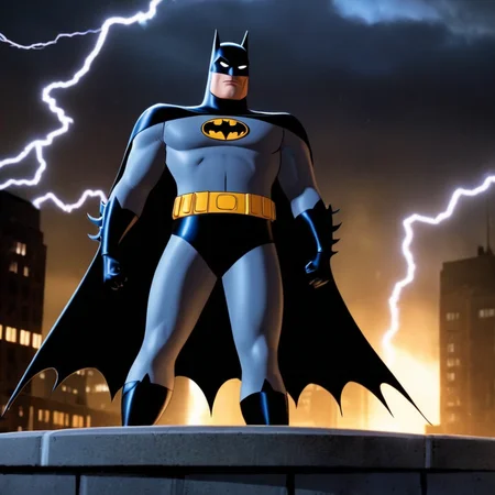 Hyperrealistic art of <lora:Batman:1.4>
Batman a cartoon batman standing in front of a lightning bolt In Gotham City Universe, Extremely high-resolution details, photographic, realism pushed to extreme, fine texture, incredibly lifelike