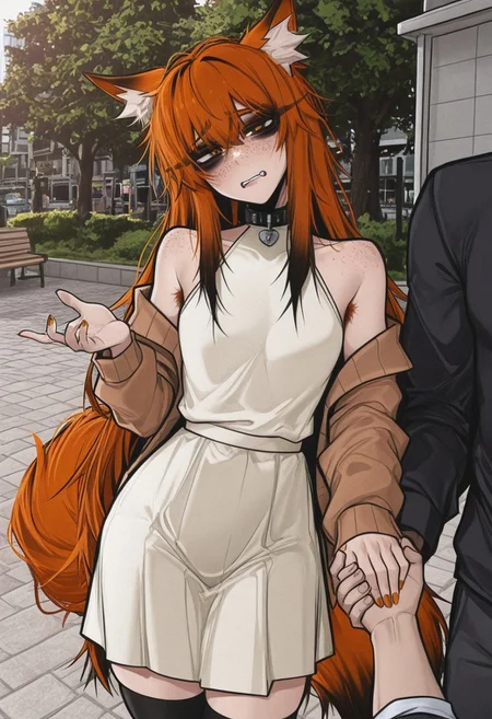 ace_glitch, masterpiece, best quality, very aesthetic, absurdres, masterpiece, best quality, good quality, dynamic lighting, perfect anatomy, 1girl, female, tomboy, rugged, athletic build, lithe, (demi human, fox girl, fox-kin, fox features, droopy fox ears, fox tail, fox eyes, armpit hair peek, small fangs, claw finger nails), (burnt orange hair color, black highlights, long loose hair style), freckles, perfect pink lips, aggressive cute makeup, painted orange nails, open cardigan, (cute dress, cream color, high collar, sleeveless, calf length), pet collar, public park background, holding out hand, wants to hold hands, slightly embarrassed, bossy look, short temper, imminent hand holding, presenting soft palms, offering hands, windy,