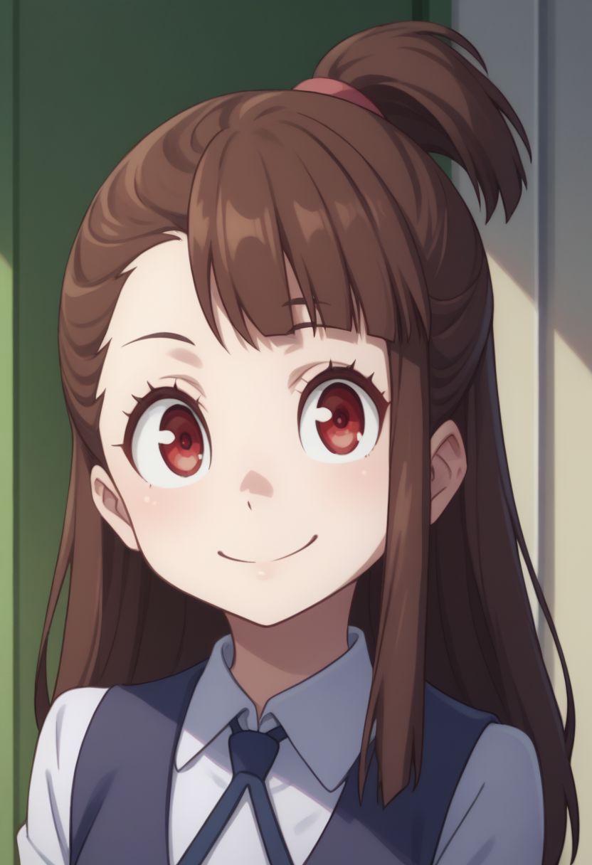 score_9, score_8_up, source_anime, highly detailed, 
akko, 1girl, solo, brown hair, luna nova school uniform, smile, long hair, looking at viewer, red eyes, upper body, school uniform, shirt, white shirt, asymmetrical bangs,
