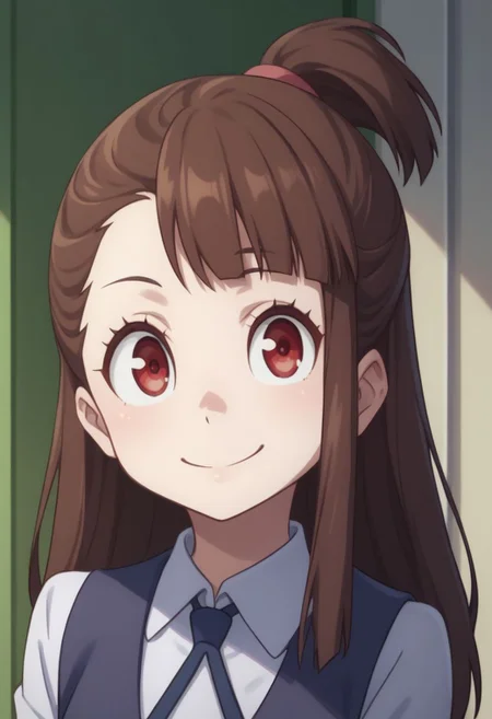 score_9, score_8_up, source_anime, highly detailed, 
akko, 1girl, solo, brown hair, luna nova school uniform, smile, long hair, looking at viewer, red eyes, upper body, school uniform, shirt, white shirt, asymmetrical bangs,