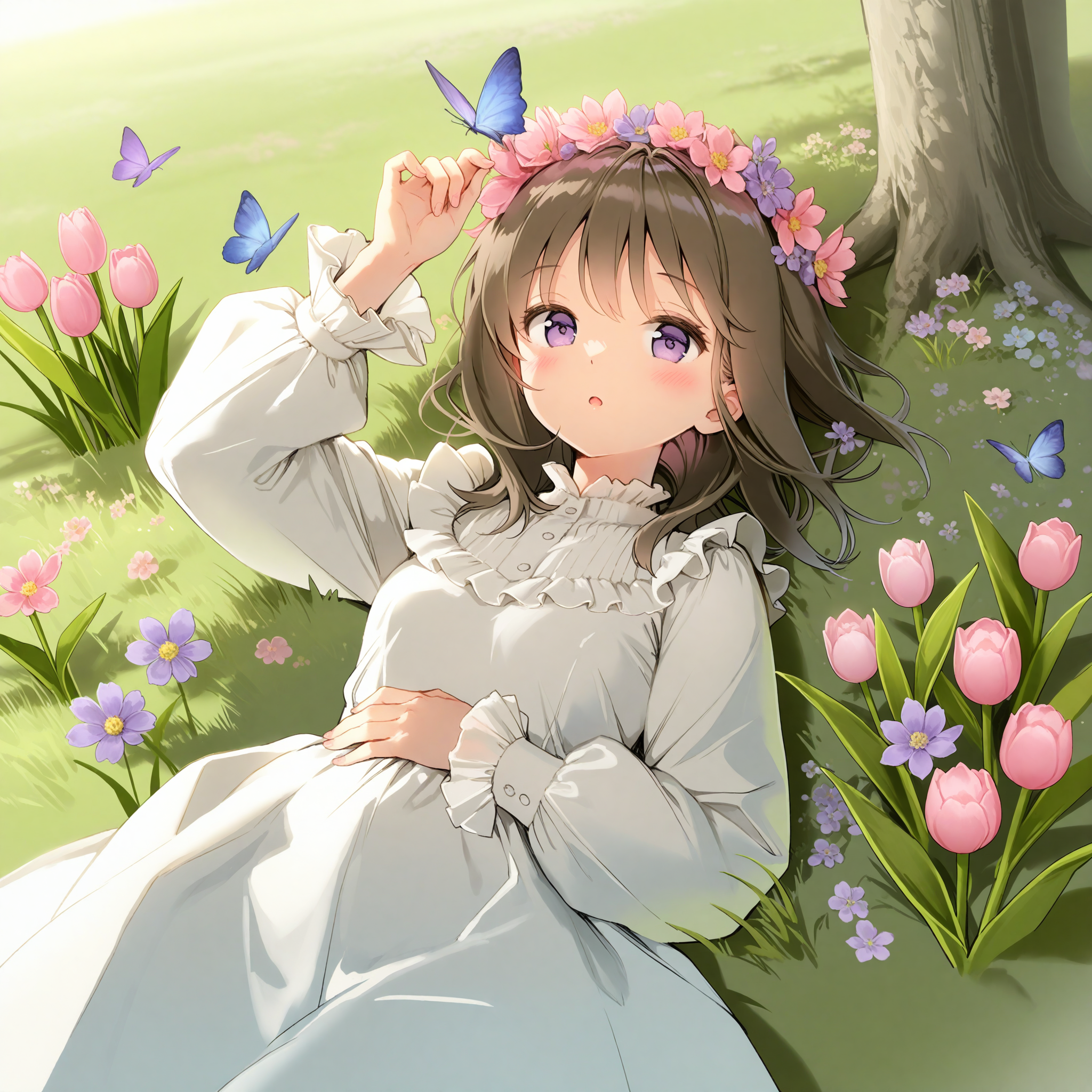 <lora:AnmiStyle_n16c16_nai_Loha-000028:1.5>,AnmiStyle,1girl,butterfly,flower,bug,solo,purple eyes,pink flower,white dress,long sleeves,on back,dress,lying,brown hair,frills,hand on own stomach,outdoors,frilled sleeves,looking at viewer,blush,tulip,grass,purple flower,hair ornament,medium hair,open mouth,:o,purple butterfly,day,holding flower,on grass,butterfly on hand,tree,parted lips,puffy sleeves,head wreath,blue butterfly,field,hair flower,arm up,puffy long sleeves,on ground,hand up,