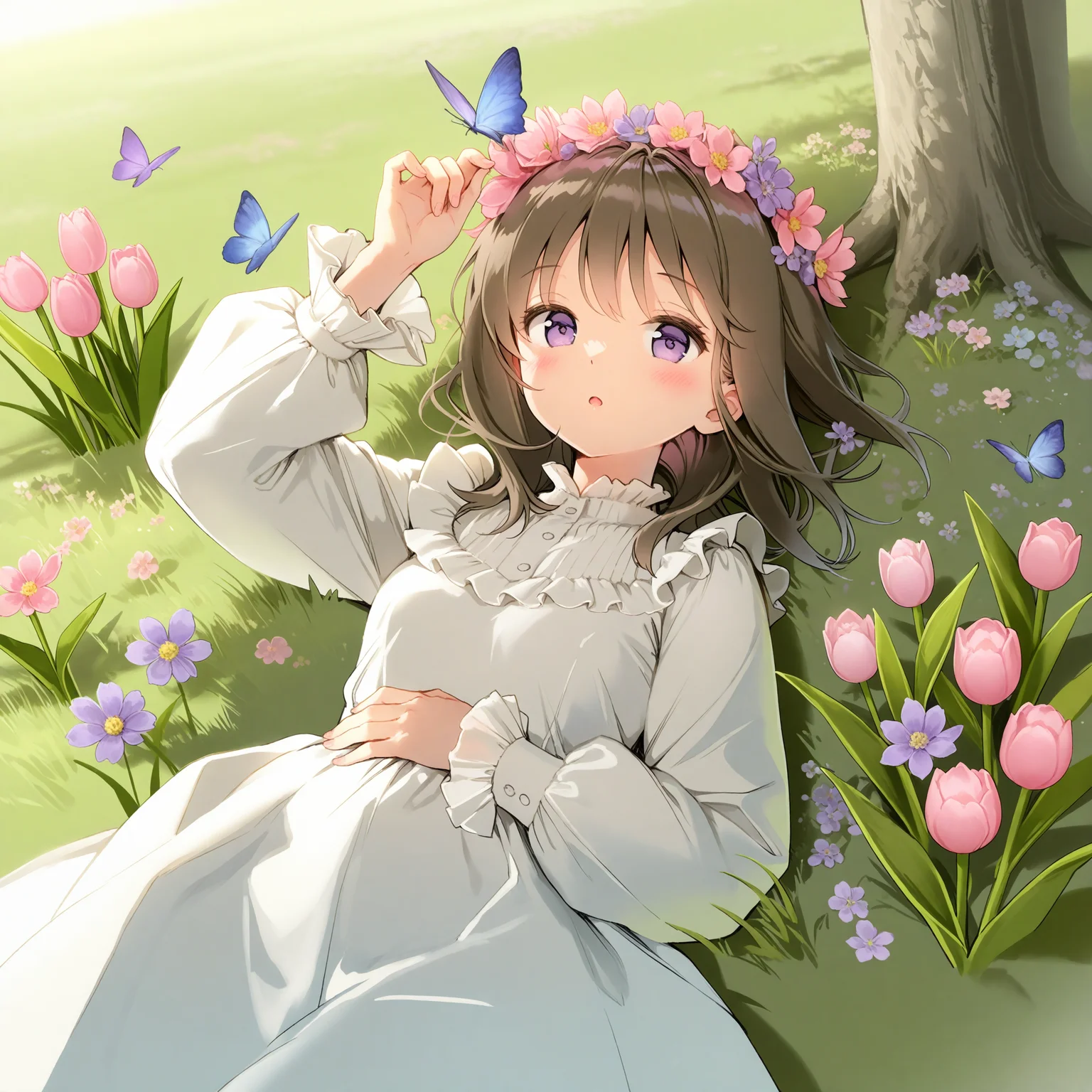 <lora:AnmiStyle_n16c16_nai_Loha-000028:1.5>,AnmiStyle,1girl,butterfly,flower,bug,solo,purple eyes,pink flower,white dress,long sleeves,on back,dress,lying,brown hair,frills,hand on own stomach,outdoors,frilled sleeves,looking at viewer,blush,tulip,grass,purple flower,hair ornament,medium hair,open mouth,:o,purple butterfly,day,holding flower,on grass,butterfly on hand,tree,parted lips,puffy sleeves,head wreath,blue butterfly,field,hair flower,arm up,puffy long sleeves,on ground,hand up,