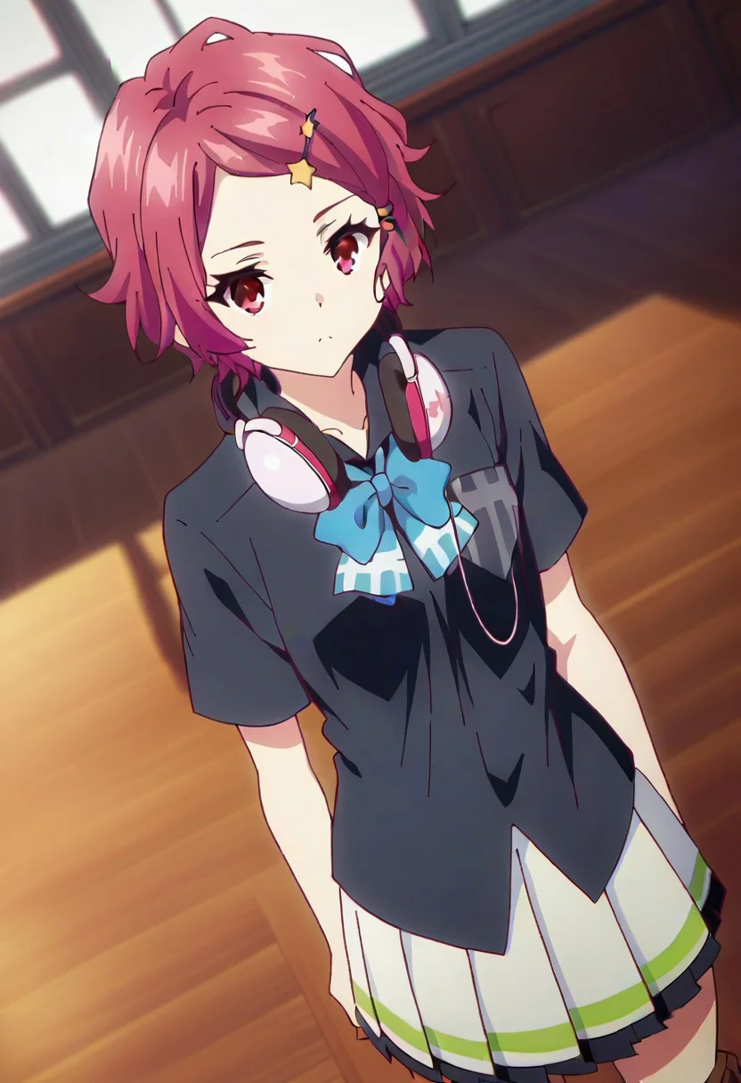 score_9, score_8_up, score_7_up, source_anime BREAK, 1girl, solo, koitom, skirt, headphones, short hair, hair ornament, headphones around neck, solo focus, pink hair, hairclip, shirt, red eyes, star hair ornament, boots, school uniform, pleated skirt, black shirt, bow, standing, classroom, looking at viewer, cowboy shot, dutch angle