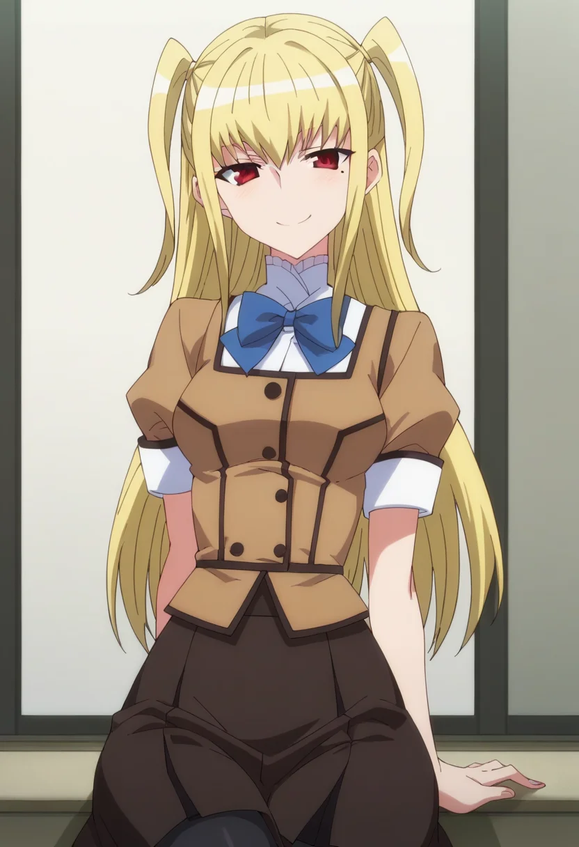 score_9, score_8_up, score_7_up, score_6_up, score_5_up, score_4_up , anime coloring ,BREAK source_anime, anime,
mariyah, red eyes, long hair, blonde hair, two side up, mole, mole under eye, otoko no ko, bow, school uniform, skirt, pantyhose, black pantyhose, <lora:PonyXL MariyaS V1:1>
looking at viewer, smile,