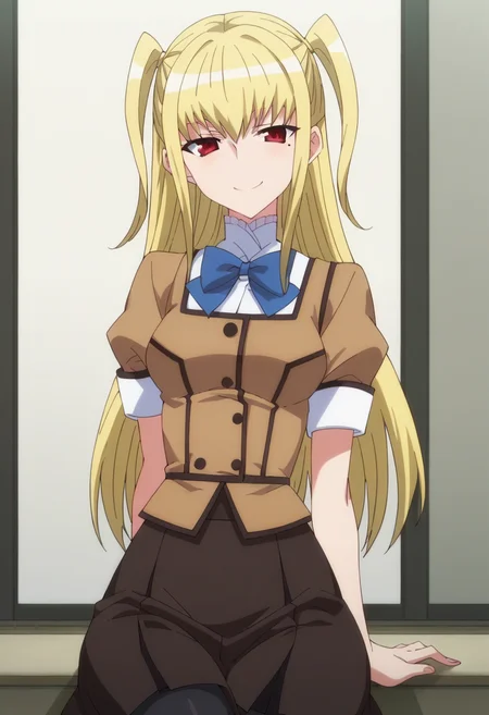 score_9, score_8_up, score_7_up, score_6_up, score_5_up, score_4_up , anime coloring ,BREAK source_anime, anime,
mariyah, red eyes, long hair, blonde hair, two side up, mole, mole under eye, otoko no ko, bow, school uniform, skirt, pantyhose, black pantyhose, <lora:PonyXL MariyaS V1:1>
looking at viewer, smile,