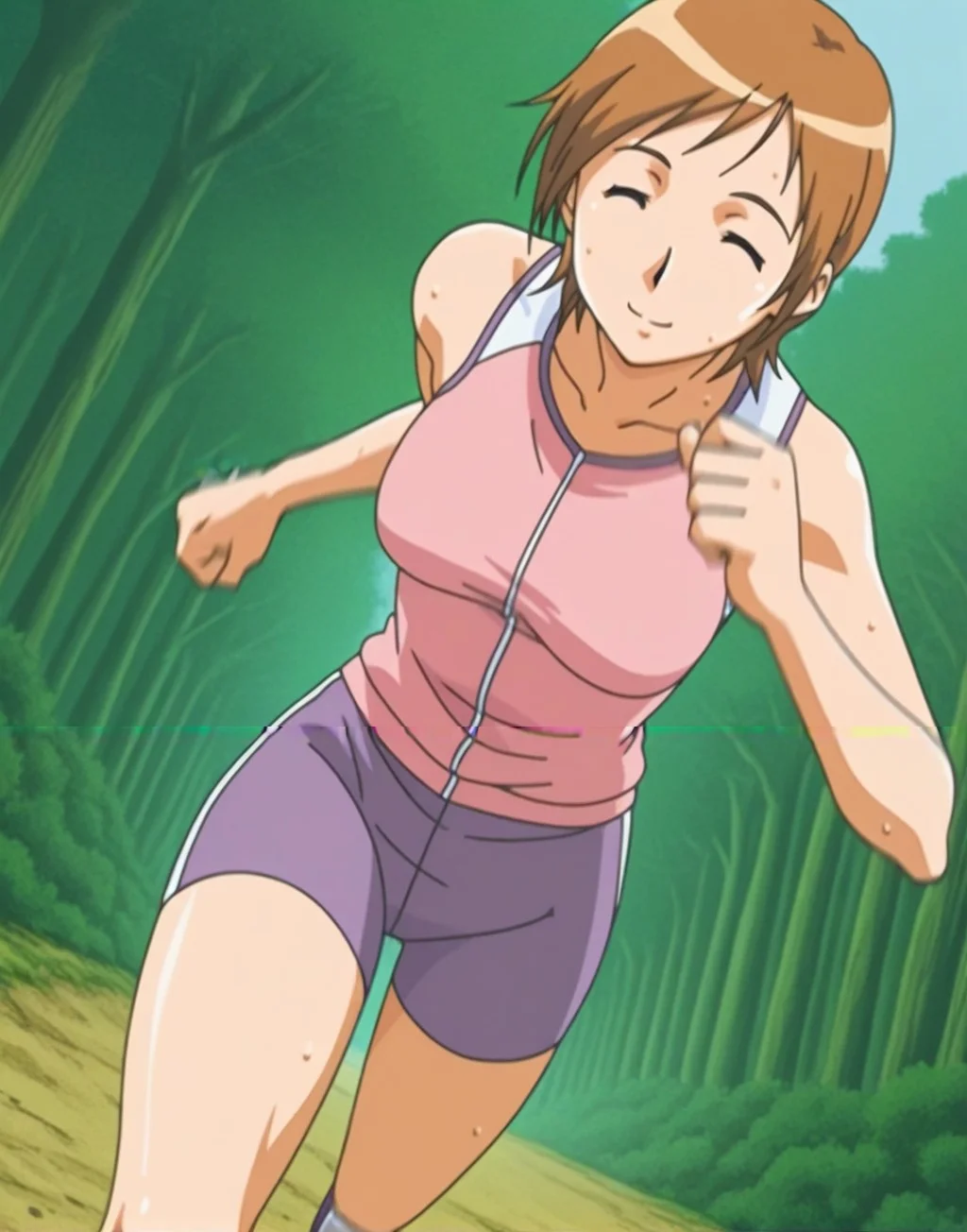<lora:Sensei_Bathhouse-Woman_Illustrious_from_The_Invisible_Stud:1>,anime coloring,anime screencap,sensei,mature female,nature,path,jogging,sportswear,sweat,solo,motion_blur,from_below,dutch angle,smile,