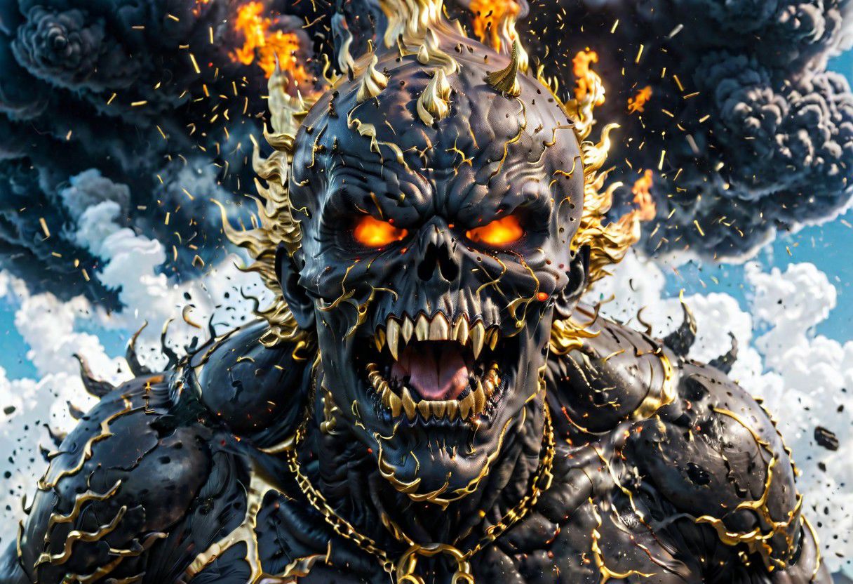 According to the rules, in such cases, it was supposed to become a black impenetrable cloud, fill the entire space with itself, catch up with  gold DEVIL SPAWN horror and look at him with an ominous luminous look from nowhere and from everywhere, which Bomchi immediately did.  Feeling of fear, feeling of horror,rich colors, ultra clear image, more realistic, high resolution photos, 8K HD wallpapershigh quality, intricate details,  ultra detailed, ,depth of field, 8k resolution trending on Artstation Unreal Engine 5, Epic,detailed background, <lora:xl_more_art-full_v1:1.2>  <lora:JuggerCineXL2:0.8> , Cinematic,  <lora:EnvyActionShotXL01:0.8> action shot